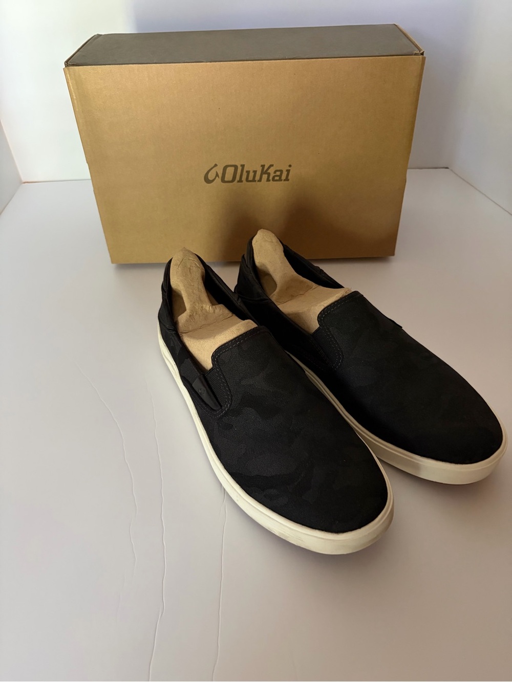 OluKai Men's Black Slip-On Canvas Loafers with White Sole